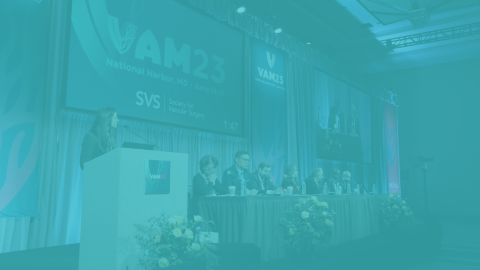 Blue background over a panel image from the 2023 Vascular annual meeting