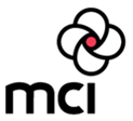 MCI black letters with red dot in the center of a flower to dot the i