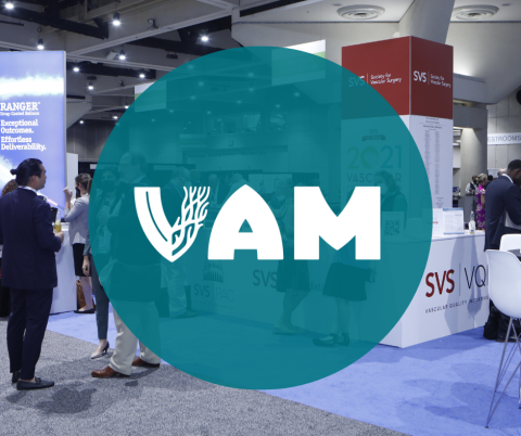 VAM logo on graphic over exhibit hall