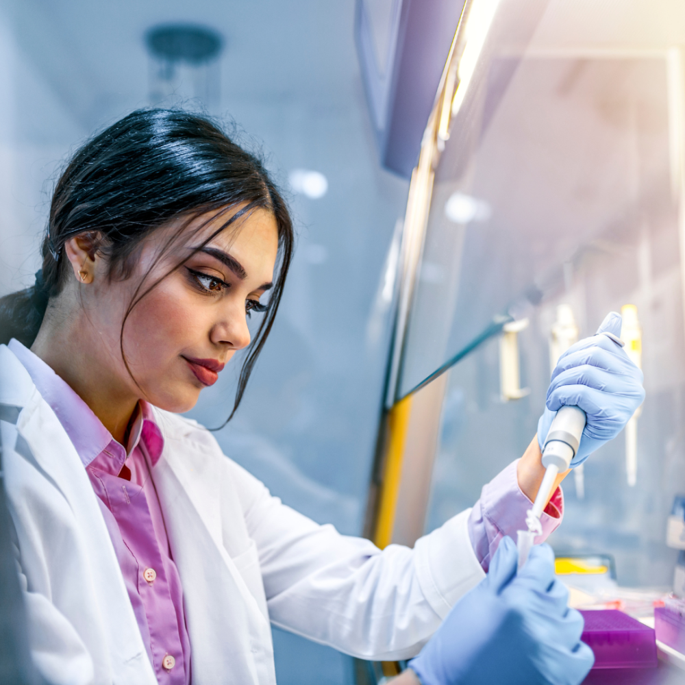 Woman physician conducting search in a lab