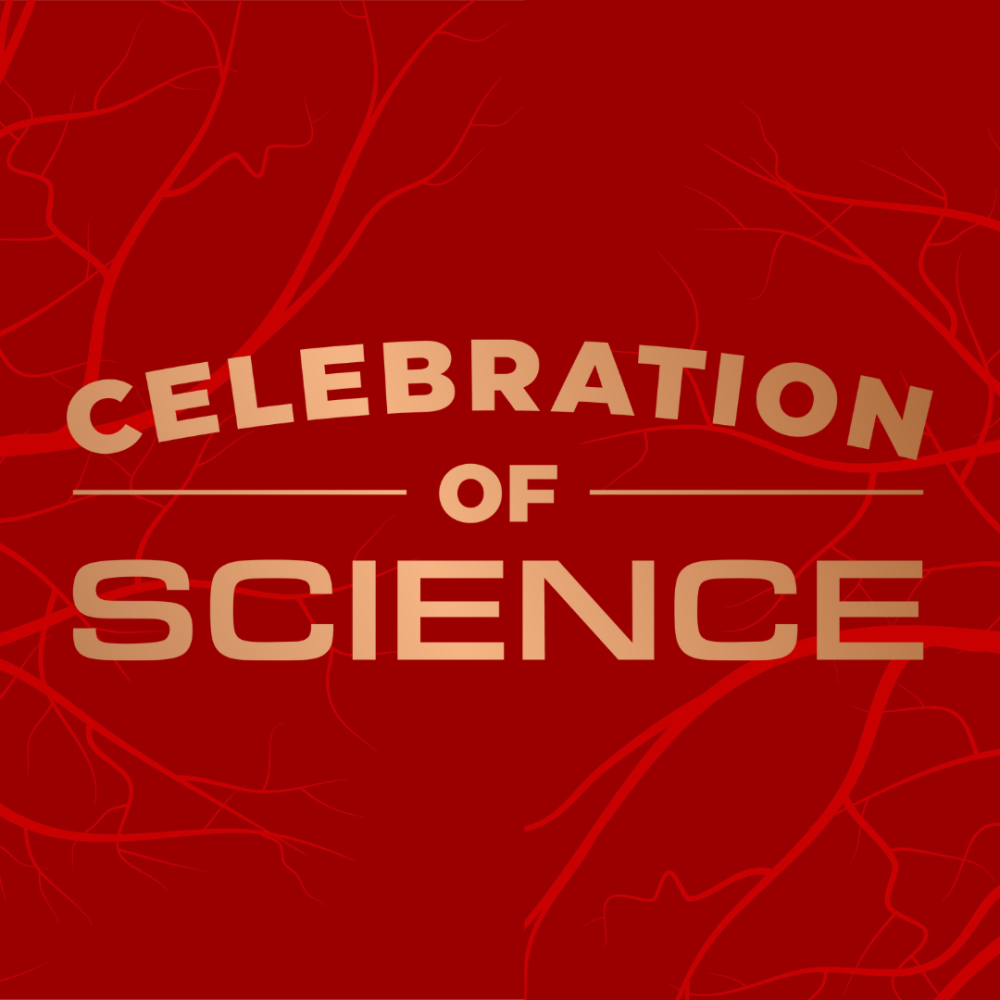 Celebration of Science over red background with bright red veins