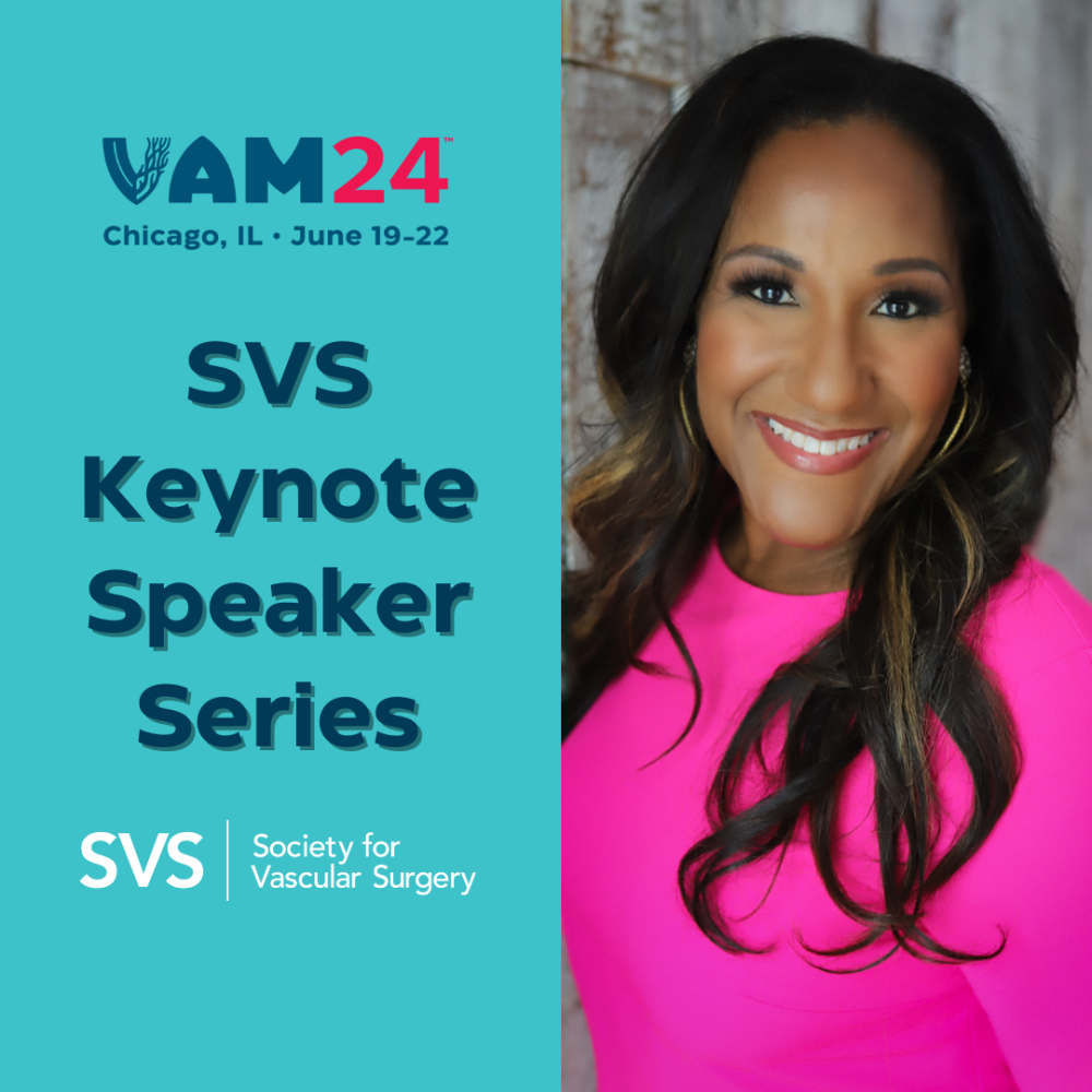 Karith Foster in a bright pink shirt next to light blue block module with VAM24 logo and text: SVS Keynote Speaker Series