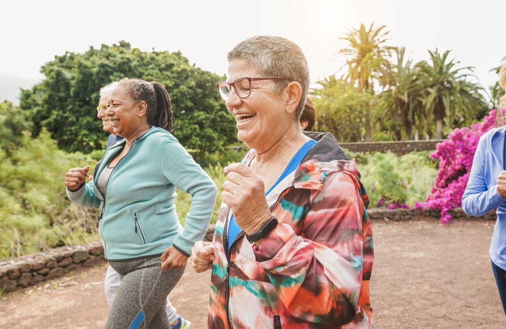 Group of elderly people hiking outside